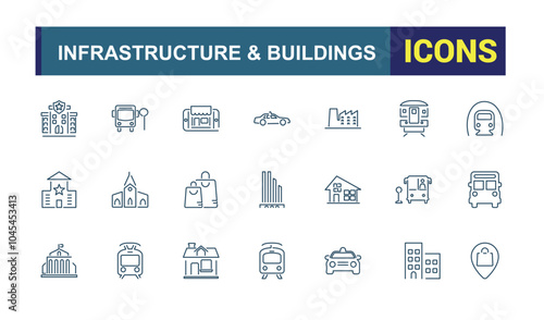 Infrastructure icon pack. Contains such icons as urban, skyscraper, construction, development, building, community and more. Simple icon designs. Editable stroke. Vector illustration.