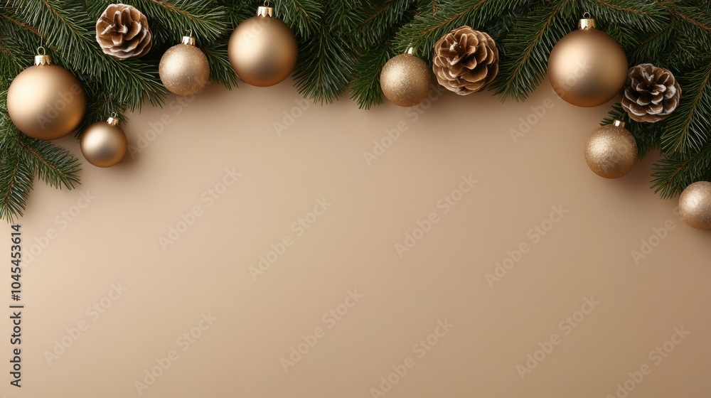 Festive Christmas background with golden knit balls and fir branches Festive Christmas background with golden knit balls and fir branches