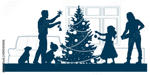 Merry Christmas. Family silhouettes. Mother, father and children decorate the Christmas tree. Vector illustration.	
