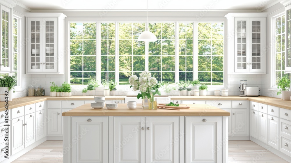 Fototapeta premium Bright and Airy Modern Kitchen Design with Large Windows and Natural Elements
