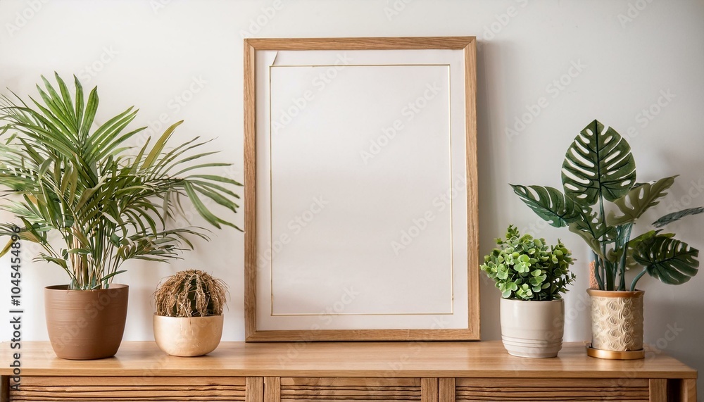 Stylish and modern scandinavian room with wooden console, mock up poster frame and beautiful plants. Design composition of home interior. Stylish and modern scandinavian room with wooden console, mock up poster frame and beautiful plants. Design composition of home interior.
