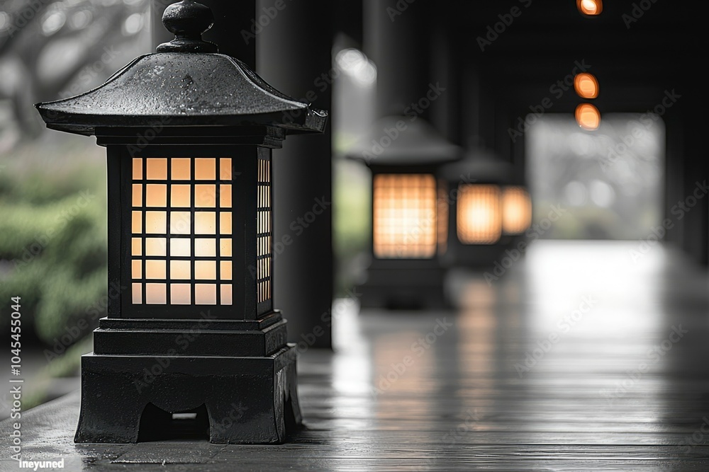 A Black Lantern with Square Panels Illuminates a Wooden Path A Black Lantern with Square Panels Illuminates a Wooden Path