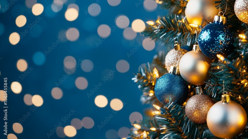Christmas tree decorated with blue and gold ornaments Christmas tree decorated with blue and gold ornaments