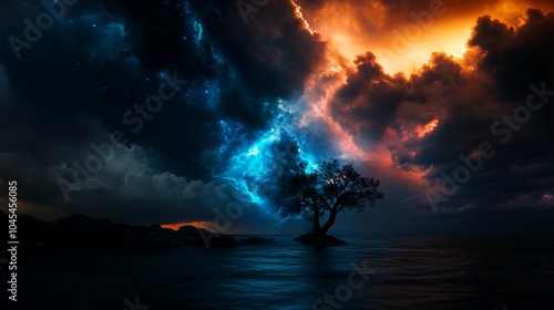 A lone tree stands on a small island in a dramatic sky with vibrant blue and orange clouds.