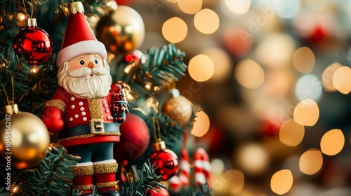 Festive holiday decor featuring a Santa Claus figure and a Christmas tree