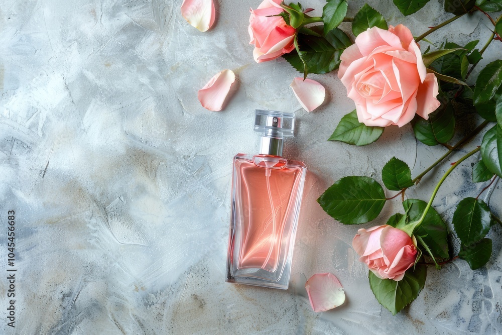 A beautifully arranged bottle of perfume alongside pink roses on a table A beautifully arranged bottle of perfume alongside pink roses on a table