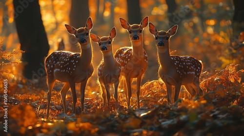 Four young deer stand in a golden forest, their spotted coats illuminated by the warm afternoon sun. photo