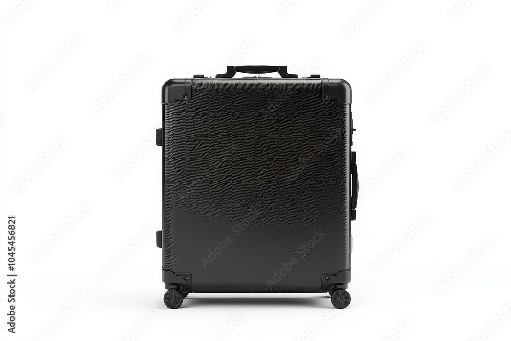 The journey begins: A stylish black suitcase rolling on a white or clear background. The journey begins: A stylish black suitcase rolling on a white or clear background.