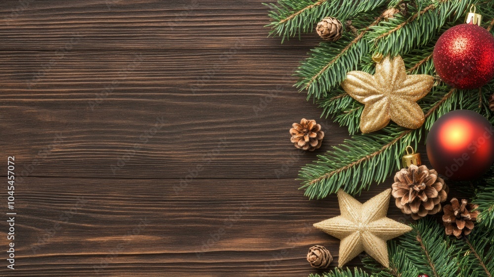 Festive Christmas tree branches adorned with ornaments and cones on a rustic wooden backdrop Festive Christmas tree branches adorned with ornaments and cones on a rustic wooden backdrop