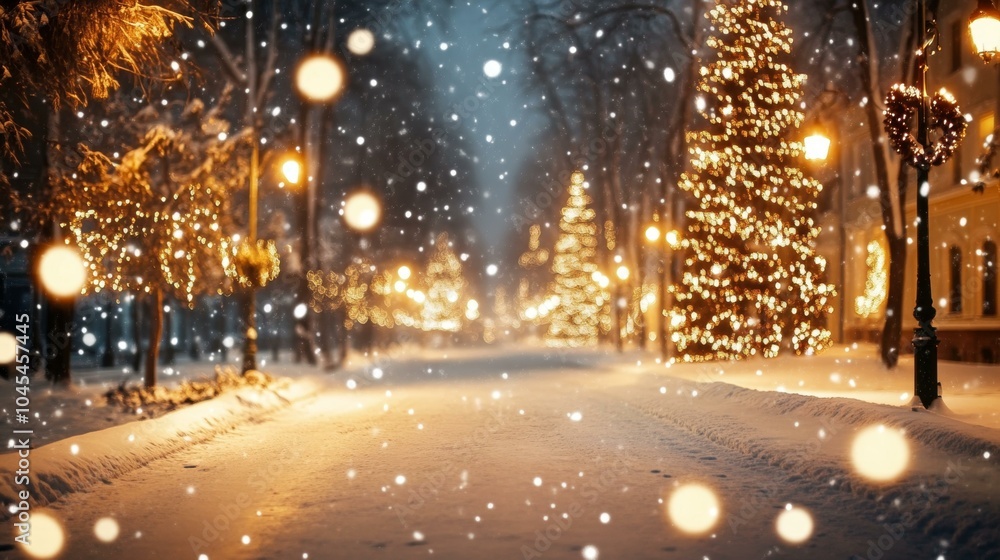 Snowy street with light and Christmas tree Snowy street with light and Christmas tree