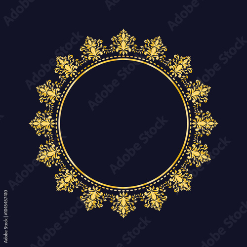 Damask Gold Round patterned border, Golden pattern with place for text, Floral frame, Ornament for decoration of cards and invitations, Circular arabic pattern, Round baroque ornament, Vintage frame