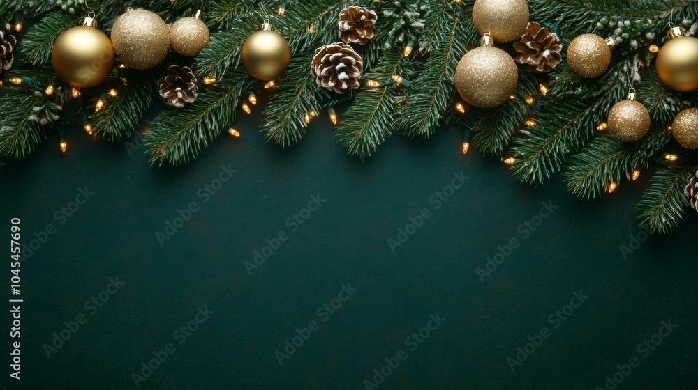 Green background with gold ornaments and pine cones Green background with gold ornaments and pine cones