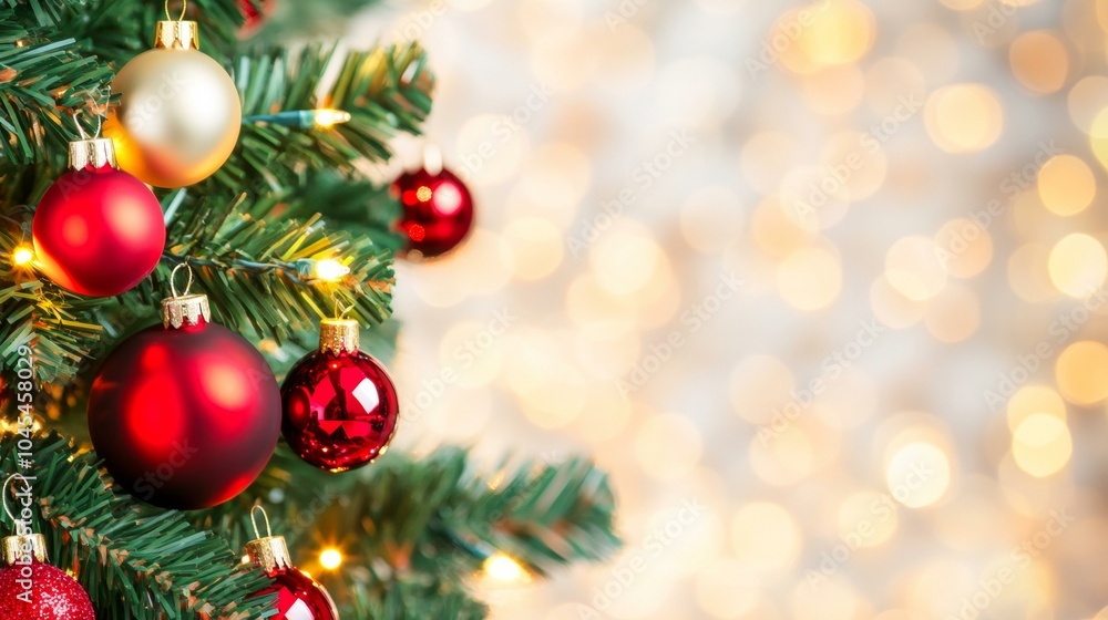 Festive Christmas tree adorned with red and gold ornaments Festive Christmas tree adorned with red and gold ornaments