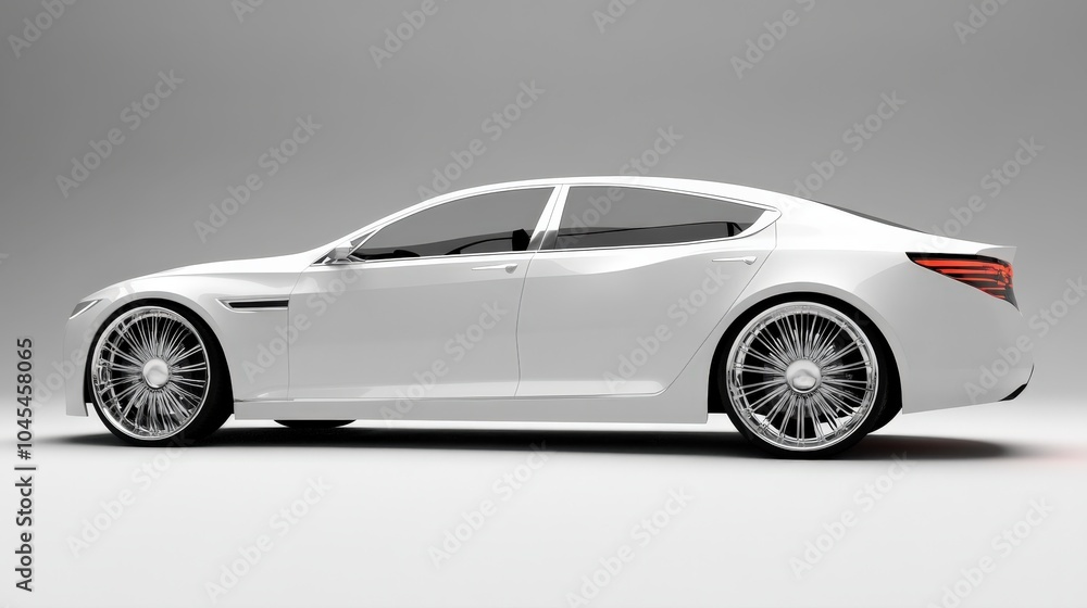 White Sedan. Three-Dimensional Electric Car in Clean Contemporary Style White Sedan. Three-Dimensional Electric Car in Clean Contemporary Style