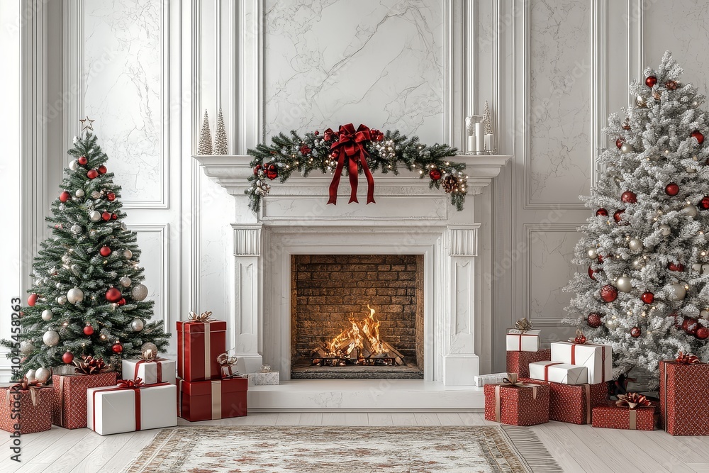 3D white Christmas fireplace adorned with a red and white Christmas tree, surrounded by presents on the floor, creating a festive holiday atmosphere. 3D white Christmas fireplace adorned with a red and white Christmas tree, surrounded by presents on the floor, creating a festive holiday atmosphere.