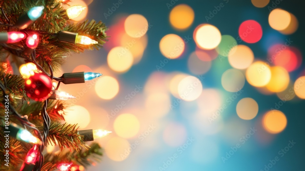 Festive Christmas tree with twinkling lights against a blue backdrop Festive Christmas tree with twinkling lights against a blue backdrop