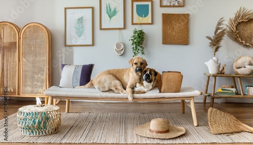 Modern composition of living room with furnitures, mock up paintings, rattan decoration, bamboo shelf with elegant personal accessories. Beautiful dog lying on the chaise longue. Home decor Template photo