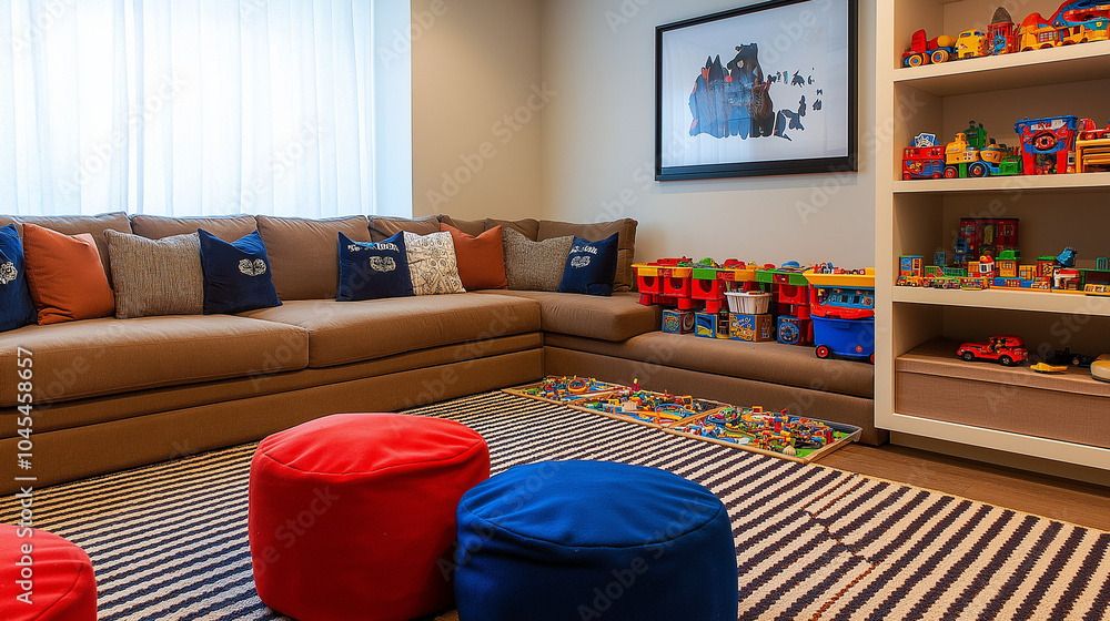 A contemporary family living room with stylish furniture, a designated ...