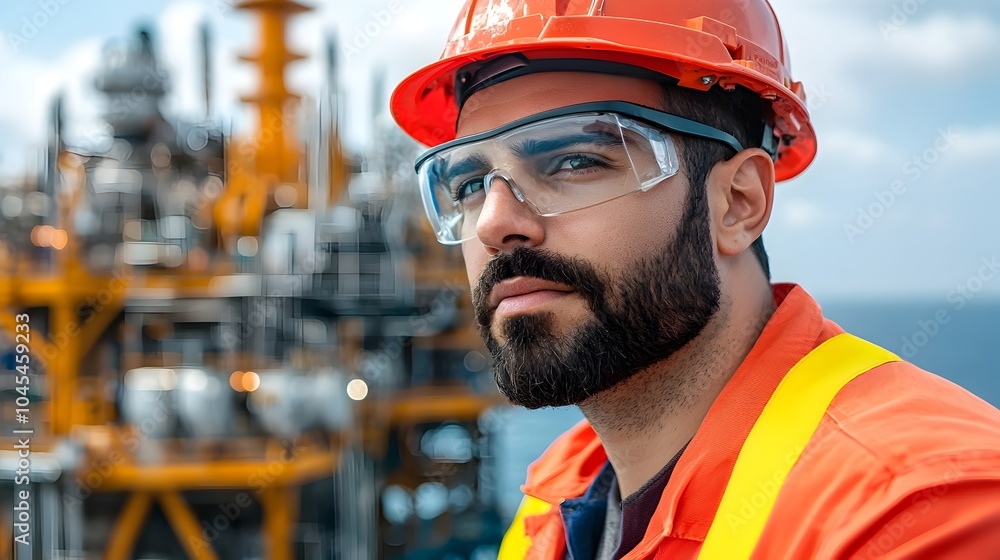 Engineer Performing Structural Maintenance on Massive Offshore Oil Platform with Towering Machinery and Industrial Equipment in the Energy Production Facility Engineer Performing Structural Maintenance on Massive Offshore Oil Platform with Towering Machinery and Industrial Equipment in the Energy Production Facility