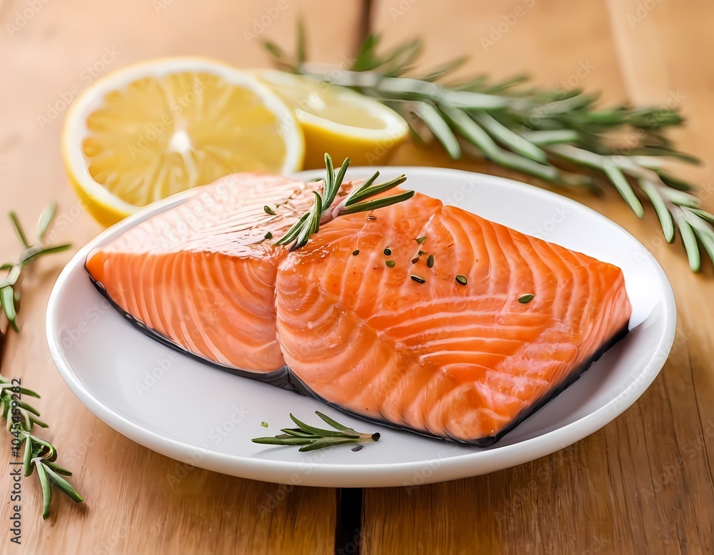 Fresh salmon fillet garnished with rosemary and lemon on a wooden cutting board, ready for cooking Fresh salmon fillet garnished with rosemary and lemon on a wooden cutting board, ready for cooking