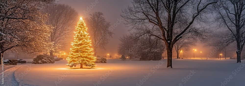 Serene Christmas tree illuminated by warm white lights, standing alone on a snow-covered lawn at night, surrounded by trees and street lamps. Serene Christmas tree illuminated by warm white lights, standing alone on a snow-covered lawn at night, surrounded by trees and street lamps.