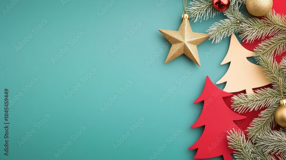 Festive Christmas tree adorned with gold stars, red, and gold decorations. Festive Christmas tree adorned with gold stars, red, and gold decorations.