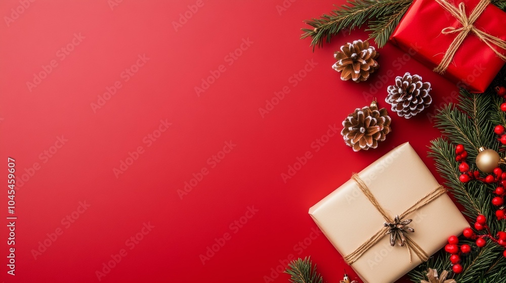 Festive red background with gifts and pine cones Festive red background with gifts and pine cones