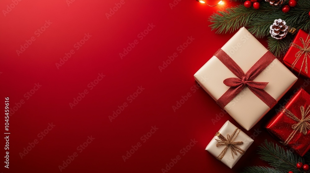 Festive red background with Christmas presents and decorations Festive red background with Christmas presents and decorations