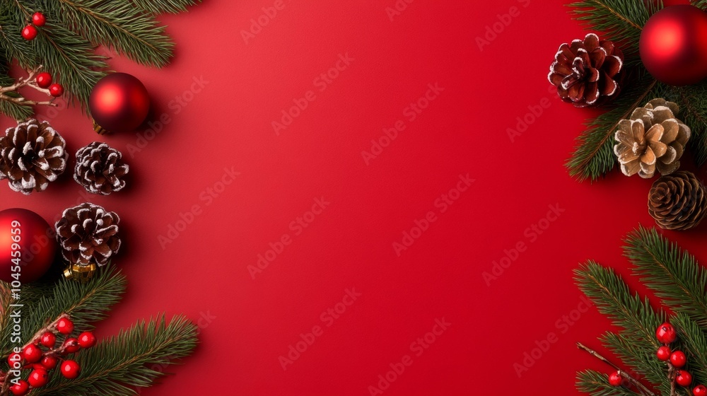 Festive Christmas decorations on red background Festive Christmas decorations on red background