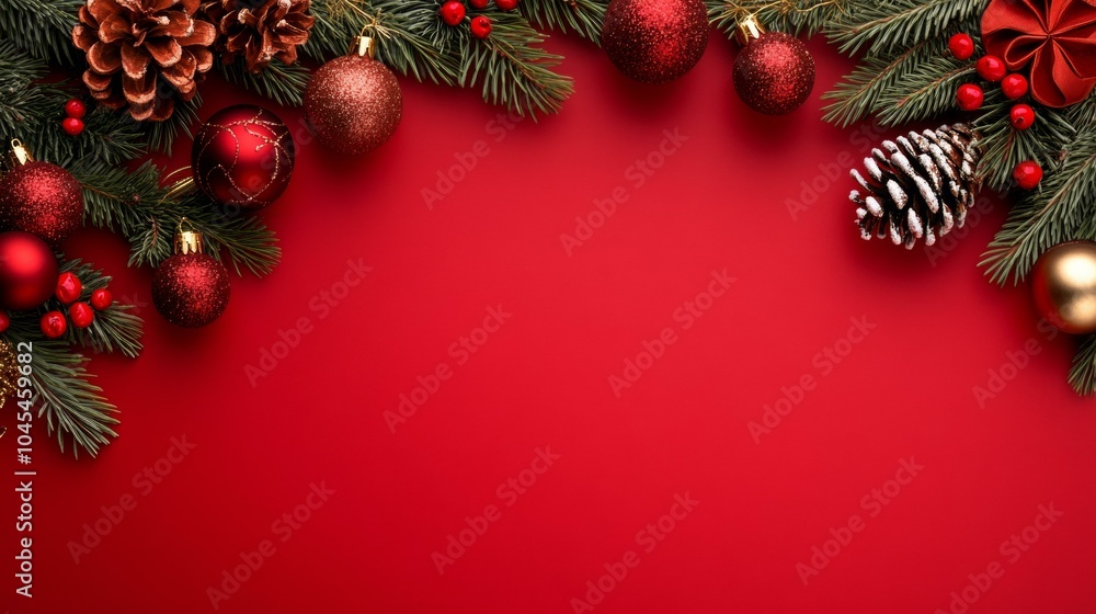 Festive Christmas scene with pine branches and ornaments Festive Christmas scene with pine branches and ornaments