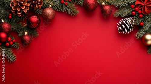 Festive Christmas scene with pine branches and ornaments