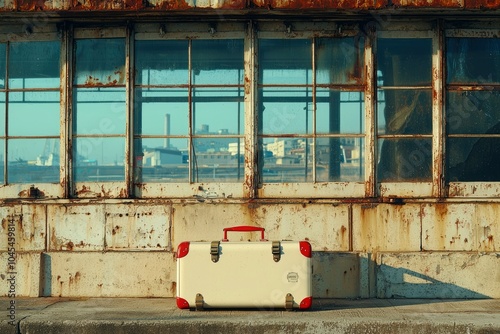 A Vintage Suitcase Leans Against a Rusted Building with a City View Through the Window photo