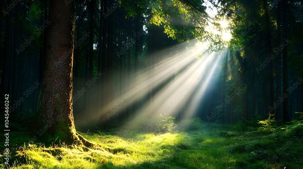 Soft morning light gently illuminates the forest floor with beams of sunlight streaming through the lush green foliage and creating a serene and tranquil atmosphere in the woodland scene Soft morning light gently illuminates the forest floor with beams of sunlight streaming through the lush green foliage and creating a serene and tranquil atmosphere in the woodland scene