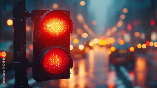 A red traffic light in a city with a blurred background of cars and lights.