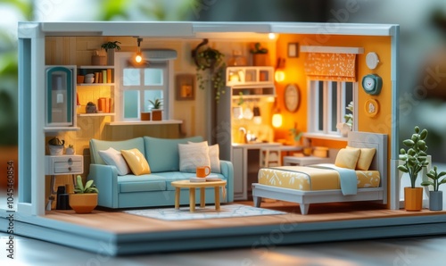 Wallpaper Mural Isometric home interior with a living room, kitchen, and bedroom, showcasing cozy details, 3D illustration Torontodigital.ca