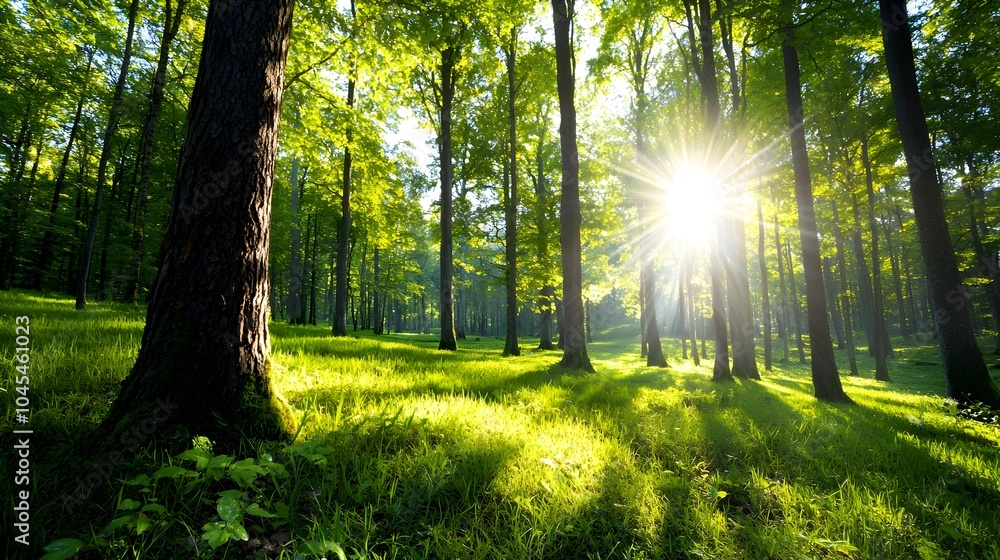 Fototapeta premium Tranquil forest scene with tall trees and morning sunlight streaming through the foliage casting long shadows and illuminating the ground with a warm golden glow