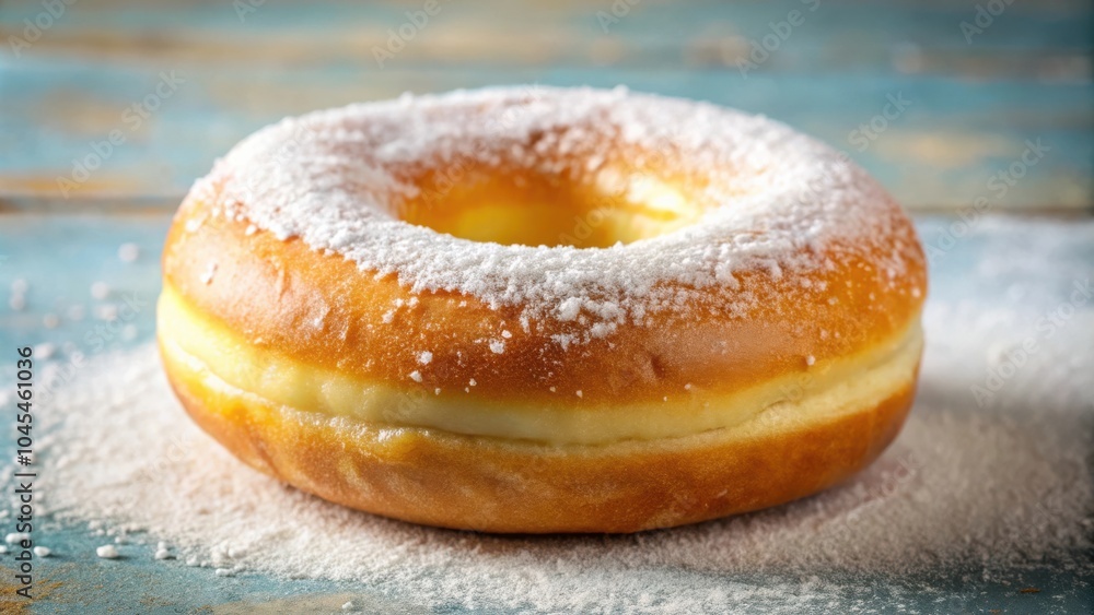 A single, fluffy, powdered donut rests on a blue textured surface, showcasing a delicate layer of powdered sugar that complements the golden hue of the dough. A single, fluffy, powdered donut rests on a blue textured surface, showcasing a delicate layer of powdered sugar that complements the golden hue of the dough.