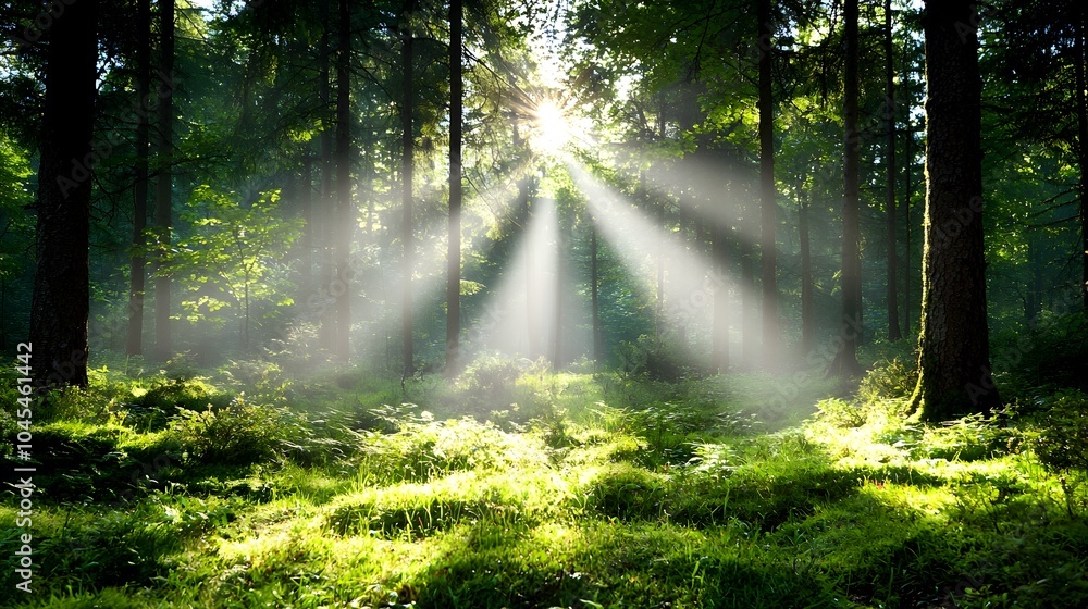 Rays of golden morning light shining through the trees in a tranquil forest casting long shadows and beautifully illuminating the forest floor with a warm ethereal glow Rays of golden morning light shining through the trees in a tranquil forest casting long shadows and beautifully illuminating the forest floor with a warm ethereal glow