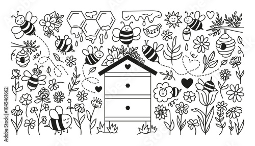 Hand drawn flight bee doodle set with hive, honeycombs, liquid melt honey and flowers field.