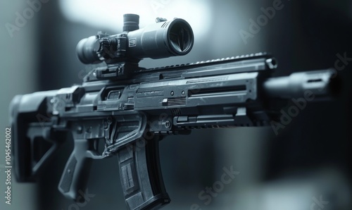 Detailed 3D render of a modern assault rifle with attachments like scopes and silencers, sleek and tactical