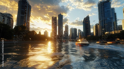 A speedboat navigates a river at sunset with a modern cityscape skyline in the background.