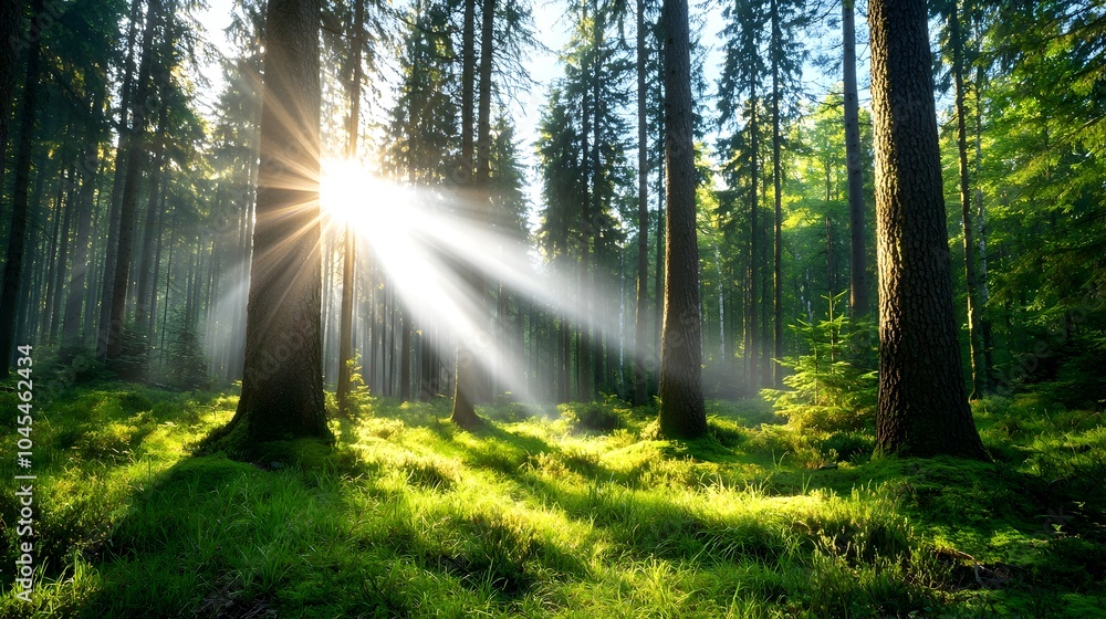 Obraz premium A tranquil forest scene bathed in the soft warm glow of morning light with beams of sunlight shining through the lush foliage and creating a serene peaceful atmosphere