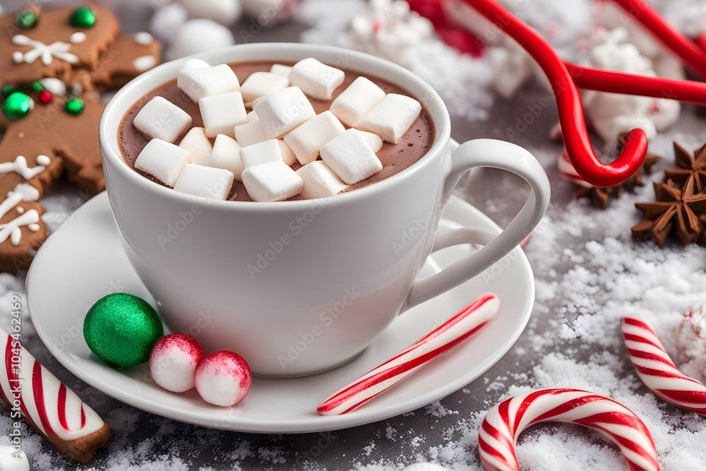 A hot cup of cocoa with marshmallows surrounded by christmas cookies and candy canes, Ai Generated A hot cup of cocoa with marshmallows surrounded by christmas cookies and candy canes, Ai Generated