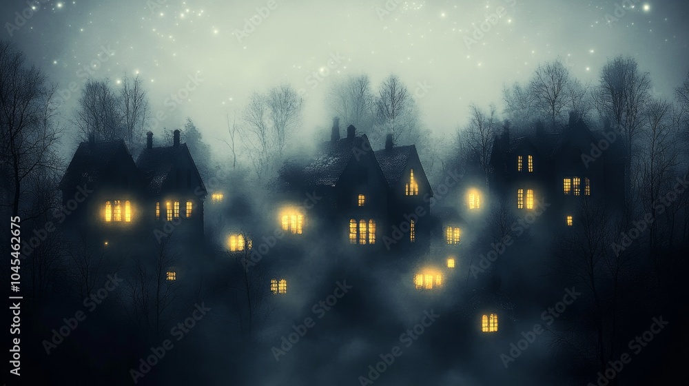 Mysterious Houses in Foggy Forest at Night with Starry Sky Mysterious Houses in Foggy Forest at Night with Starry Sky