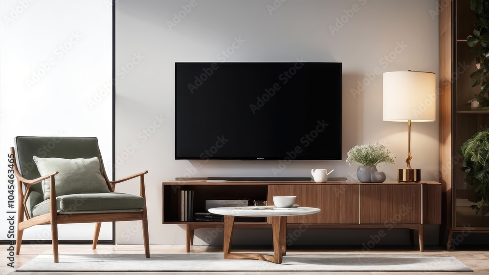 Modern living room featuring a TV, stylish furniture, and decorative elements. Modern living room featuring a TV, stylish furniture, and decorative elements.