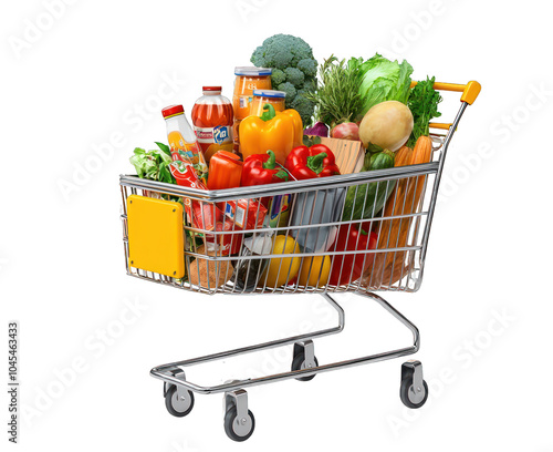Vividly captured supermarket shopping cart full of groceries on a clear background.