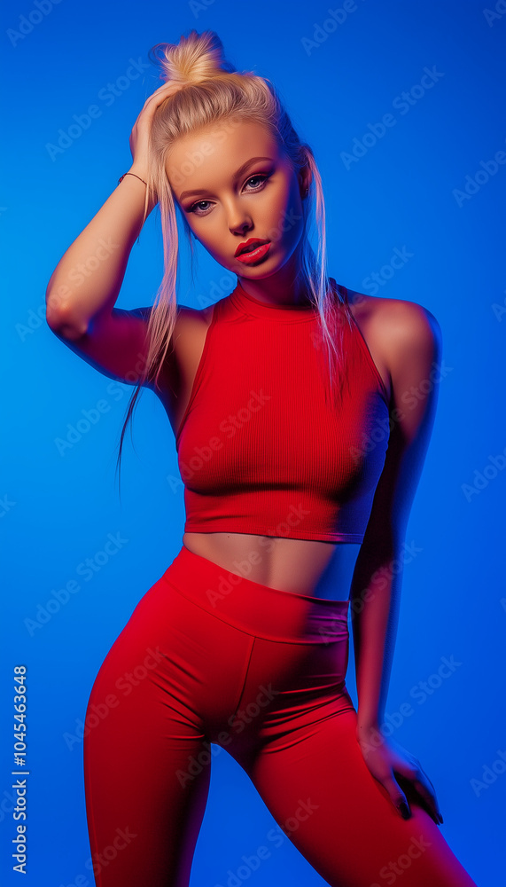 Blonde girl in red top and red leggings against blue studio wall background Blonde girl in red top and red leggings against blue studio wall background