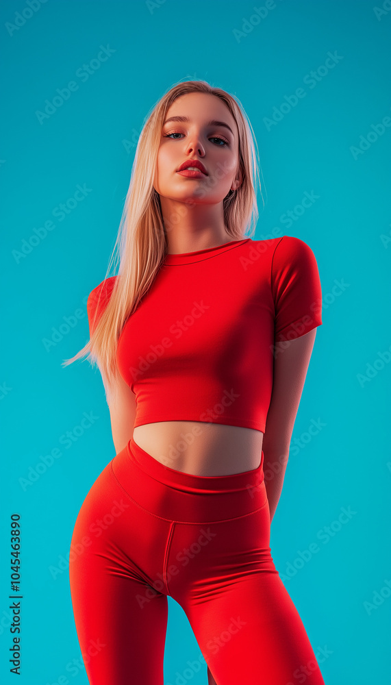 Blonde girl in red top and red leggings against blue studio wall background Blonde girl in red top and red leggings against blue studio wall background