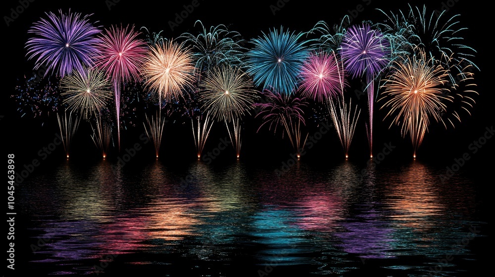 Fireworks reflect off a calm river, celebrating with colorful explosions and copy space Fireworks reflect off a calm river, celebrating with colorful explosions and copy space
