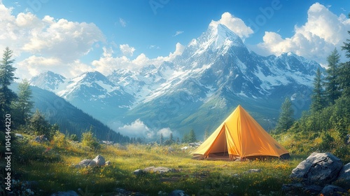 camping scene featuring a cozy tent set against a backdrop of majestic mountains and a clear blue sky evoking a sense of adventure and tranquility in nature